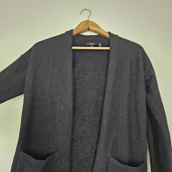 Theory Long Knit Cardigan Womens S Black Wool Blend Pockets Neutral Quiet Luxury - Picture 2 of 9